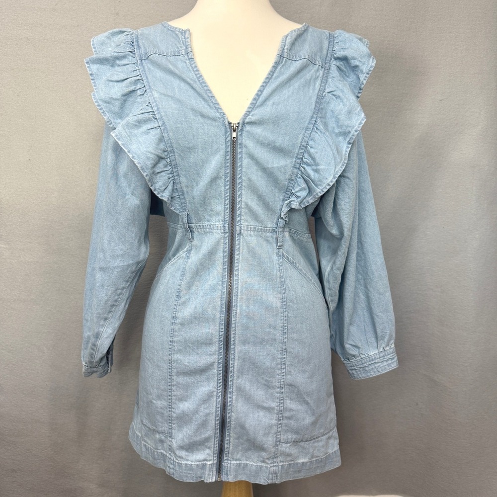 Free People Women's Imogene Denim Mini Dress Size XS‎ Ruffle Boho Western
